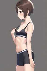 girl, very short hair, brown eyes, fit body, small to medium breast, thin strap sport bra, short pants s-3538230411.png
